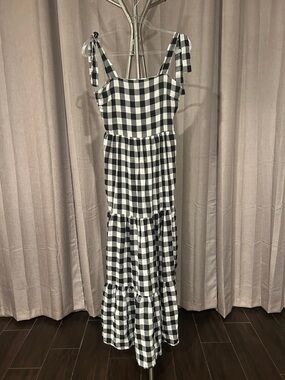 SHEIN Black & White Gingham Tie-Strap Tiered Maxi Dress